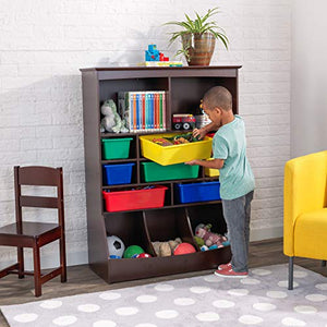 KidKraft Wooden Wall Storage Unit with 8 Plastic Bins and 13 Compartments, Espresso, Gift for Ages 3+
