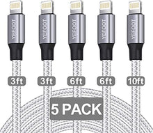 Load image into Gallery viewer, iPhone Charger [Apple MFi Certified] YEFOOT 5Pack(3/3/6/6/10FT) Lightning Cable Compatible iPhone 12Pro Max/12Pro/12/11/Pro/Xs Max/X/8 and More-Silver&amp;White
