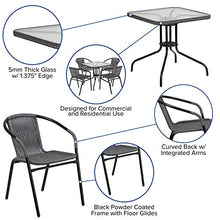 Load image into Gallery viewer, Flash Furniture 28'' Square Glass Metal Table with Gray Rattan Edging and 4 Gray Rattan Stack Chairs
