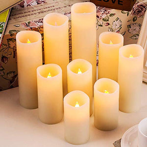 Pandaing Flameless Candles Battery Operated LED Pillar Real Wax Electric Unscented Candles with Remote Control Cycling 24 Hours Timer, Ivory Color, Set of 9