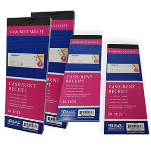 Cash Or Rent Receipt Books Sales Order Invoices | 2 Part, Carbonless, White/Canary, 7 1/2" X 2 3/4" 50 Sets per Book, 4 Books