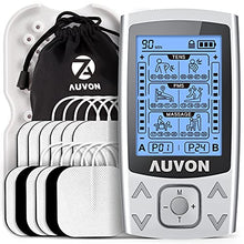 Load image into Gallery viewer, AUVON Dual Channel TENS EMS Unit 24 Modes Muscle Stimulator for Pain Relief, Rechargeable TENS Machine Massager with 12 Pads, ABS Pads Holder, USB Charger and Dust-Proof Storage Bag

