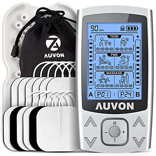 AUVON Dual Channel TENS EMS Unit 24 Modes Muscle Stimulator for Pain Relief, Rechargeable TENS Machine Massager with 12 Pads, ABS Pads Holder, USB Charger and Dust-Proof Storage Bag