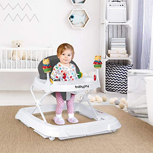 BABY JOY Baby Walker, Foldable Activity Walker Helper with Adjustable Height, Baby Activity Walker with High Back Padded Seat & Bear Toys, Gray