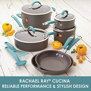 Rachael Ray Cucina Hard Anodized Nonstick Cookware Pots and Pans Set, 12 Piece, Gray with Blue Handles