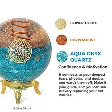 Load image into Gallery viewer, Orgonite Crystal Blue Aquamarine Crystal Ball with Stand for Positive Energy, E-emission Protection and Chakra Balancing –with Flower of Life Symbol to Promote Purpose, Serenity and Courage
