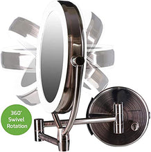 Load image into Gallery viewer, Ovente 7.5" Lighted Wall Mount Makeup Mirror, 1X &amp; 10X Magnifier, Spinning Double Sided Round LED w/ Dimmer Switch, Extend, Retractable &amp; Folding Arm, Battery USB Powered Antique Brass MLW75AB1X10X
