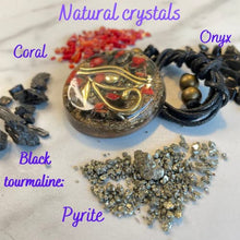 Load image into Gallery viewer, Orgone Pendant, Eye of Horus, Black Tourmaline Healing Crystals and Stones Amulet of Protection - SBB Coil Orgonite Necklace Onyx, Pyrite, Coral - Yoga Meditation Reiki, Handmade, Arte Orgones
