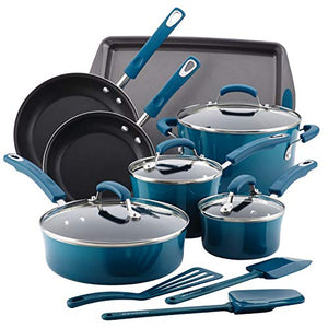 Rachael Ray Brights Nonstick Cookware Pots and Pans Set, 14 Piece, Marine Blue