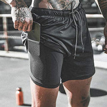 Load image into Gallery viewer, Leidowei Men&#39;s 2 in 1 Workout Running Shorts Lightweight Training Yoga Gym 7&quot; Short with Zipper Pockets Black Fluorescent 2XL
