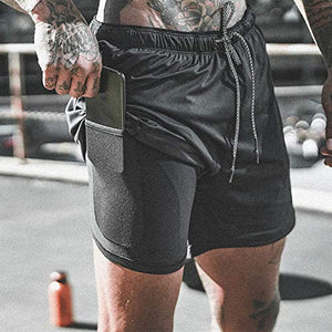 Leidowei Men's 2 in 1 Workout Running Shorts Lightweight Training Yoga Gym 7" Short with Zipper Pockets Black Fluorescent 2XL
