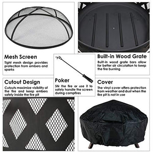 Sunnydaze Crossweave Outdoor Fire Pit - 36 Inch Large Bonfire Wood Burning Patio & Backyard Firepit for Outside with Spark Screen, Poker, and Round Fireplace Cover, Black