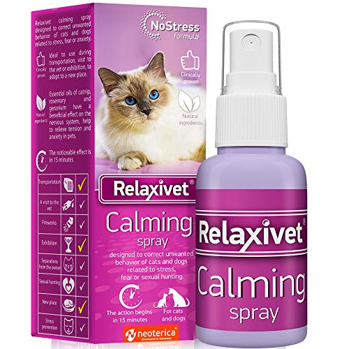 Relaxivet Pheromone Calming Spray for Cats and Dogs (50ml) with a Long-Lasting Calming Effect - #1 Spray for Stress Prevent and Relax - Anti-Anxiety Spray for Pets