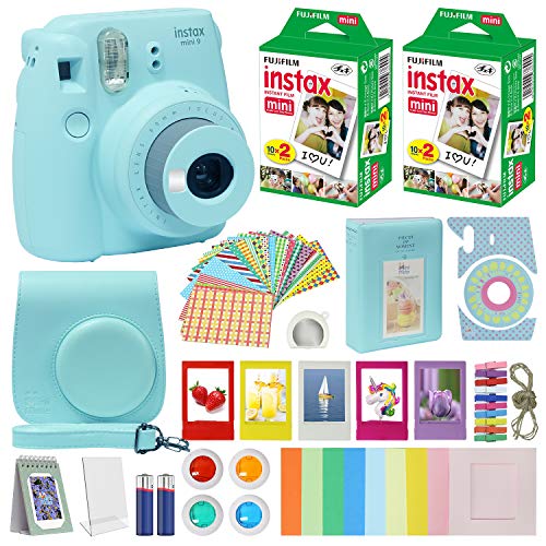Fuji Instax Mini 9 Instant Camera ICE Blue w/Case + Fuji Instax Film Value Pack (40 Sheets) for Fujifilm Instax Mini 9 Camera + Accessories, Color Filters, Photo Album, Selfie Lens + More