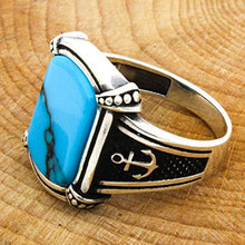 Load image into Gallery viewer, Solid 925 Sterling Silver Rings for Men Turkish Handmade Simulated Turquoise Anchor Luxury Design Premium Quality (9)
