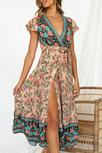 Load image into Gallery viewer, ZESICA Women's Bohemian Floral Printed Wrap V Neck Short Sleeve Split Beach Party Maxi Dress Nude
