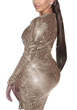 Load image into Gallery viewer, Women's Sequins Glitter Bodycon Dress - Sexy Deep V Neck Long Sleeve Party Mini Dress Clubwear Large Golden
