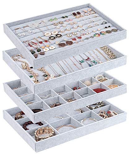 UIUIX Stackable Velvet Jewelry Trays Organizer for Drawer, Velvet Jewelry Storage Display Trays, Earring Necklace Bracelet Ring Organizer, Set of 4 (Grey)