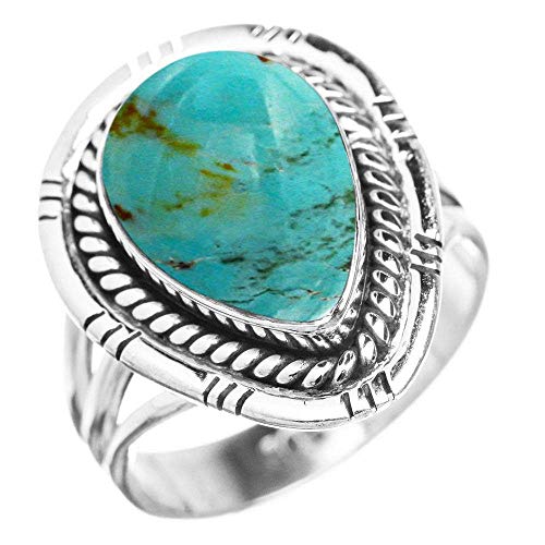 Genuine Turquoise 10x14mm Pear & .925 Silver Plated Handmade Solitaire Ring (Size-6)