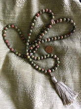 Load image into Gallery viewer, Unakite and Moonstone Mala 108 Beads | Mala Necklace | Smooth Beads for Mantra | Tassel Mala | Meditation Beads
