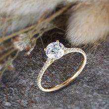 Load image into Gallery viewer, Lamrowfay 1Ct Halo Solitaire Cubic Zirconia Promise Engagement Ring in 14K Rose Gold or White Gold or Yellow Gold, 1.70cttw (Yellow-Gold, 7)
