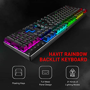 Mechanical Keyboard and Mouse, Havit Wired Gaming Keyboard Blue Switch 104 Keys Rainbow Backlit Keyboard and 7 Button Wired Mouse 4800 DPI for PC Computer Gamer (Black)