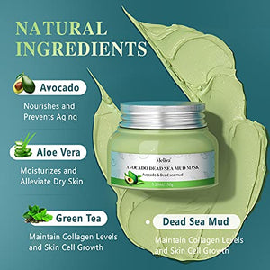 Organic Avocado Clay Mask Meliza Dead Sea Mud Mask Natural Green Tea Healing Clay Facial Mask Nourishing Hydration Antioxidant Deep Cleansing Mud Mask with Mask Brush for Acne Blackheads Pores