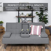 Load image into Gallery viewer, Best Choice Products Linen Upholstered Modern Convertible Folding Futon Sofa Bed for Compact Living Space, Apartment, Dorm, Bonus Room w/Removable Armrests, Metal Legs, 2 Cupholders - Gray
