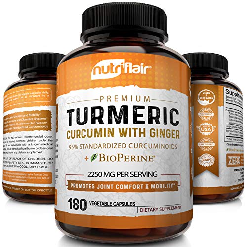 Turmeric Curcumin with Ginger & BioPerine Black Pepper Supplement: Anti-Inflammatory, Antioxidant, Anti Aging, 100% Natural, Non-GMO, Vegan Best Maximum Potency, No Side Effects (180 Capsules)