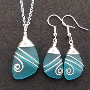 Handmade in Hawaii, Wire wrapped turquoise bay blue sea glass Necklace+Earrings Set,"December Birthstone", (Hawaii Gift Wrapped, Customizable Gift Message)