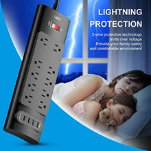 Load image into Gallery viewer, Power Strip, Bototek Surge Protector with 10 AC Outlets and 4 USB Charging Ports,1875W/15A, 2100 Joules, 6 Feet Long Extension Cord for Smartphone Tablets Home,Office, Hotel- Black
