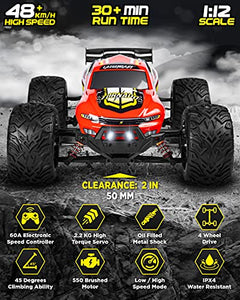 1:12 Scale Large RC Cars 48+ kmh Speed - Boys Remote Control Car 4x4 Off Road Monster Truck Electric - All Terrain Waterproof Toys Trucks for Kids and Adults - 2 Batteries + Connector for 30+ Min Play