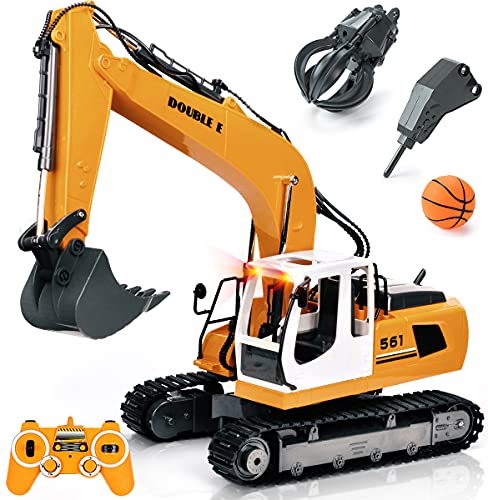 DOUBLE E Remote Control Truck RC Excavator Toy 17 Channel 3 in 1 Claw Drill Metal Shovel Real Hydraulic Electric RC Construction Vehicle with Working Lights