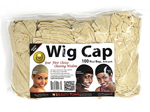 Beauty Town Wig Cap 100 Pieces Bulk Bag - Beige, Secures your hair, long lasting, stays in place, light, lightweight, breathable, wig comfortable,