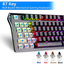 Load image into Gallery viewer, RGB Mechanical Keyboard 87-Key RGB LED Backlit Wireless Bluetooth 3.0 /USB Wired Multi-Media Mechanical Gaming Keyboard for PC/Smartphone/Laptop （Rechargeable Battery） Black Blue Switch
