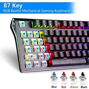 RGB Mechanical Keyboard 87-Key RGB LED Backlit Wireless Bluetooth 3.0 /USB Wired Multi-Media Mechanical Gaming Keyboard for PC/Smartphone/Laptop （Rechargeable Battery） Black Blue Switch