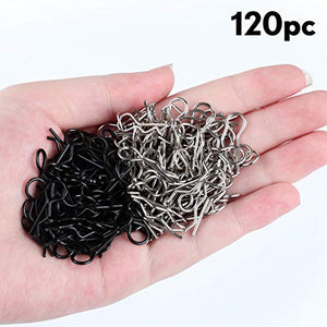 120 Pieces Universal RC Body Clips Car Clips Silver and Black Stainless Steel R Clips for All 1/10 1/12 Scale Redcat HPI Himoto HSP Exceed RC Car Parts Truck Buggy Shell Replacement