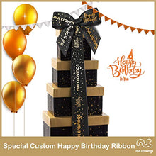 Load image into Gallery viewer, Happy Birthday Tower Gift Basket, Gourmet Nuts &amp; Dried Fruits + Black Ribbon (12 Assortments) Arrangement Platter, Care Package Variety, Healthy Food Tray, Kosher Snack Box for Women Men Adults
