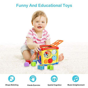 VAJEME Baby Activity Cube, Shape Sorter Blocks Baby Toy 18 Months and Up, Music Learning Toys for Toddlers Infant , Early Educational Puzzle Development Sorting Cube