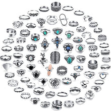 Load image into Gallery viewer, 82 Pcs Vintage Silver Knuckle Rings Set for Women, Bohemian Stackable Joint Finger Rings, Retro Stone Crystal Stacking Midi Rings Pack
