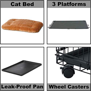 MidWest Cat Playpen / Cat Cage Includes 3 Adjustable Resting Platforms, Removable Leak-Proof Pan, Easy 2-Door Top / Bottom Access & 4-locking Wheel Casters
