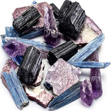 Load image into Gallery viewer, KALIFANO Crystal Starter Kit (2,000 Carats Total) - Black Tourmaline, Amethyst, Lepidolite, and Blue Kyanite (Information Cards Included)
