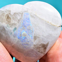 Load image into Gallery viewer, Zenergy Gems Selenite Charged Hand-Carved Natural Rainbow Moonstone Pocket Puffy Heart/Palm Heart/Worry Stone + Baby Selenite Puffy Heart Charging Crystal [Included]
