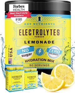 KEY NUTRIENTS Electrolytes Powder No Sugar - Refreshing Lemonade Electrolyte Drink Mix - Hydration Powder - No Calories, Gluten Free - Powder and Packets (20, 40 or 90 Servings)