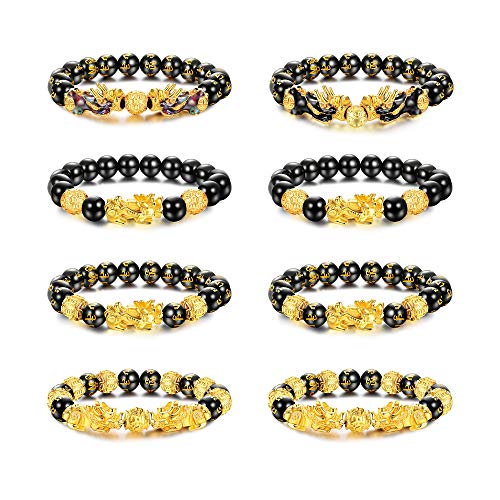 CASSIECA 8Pcs Feng Shui Good Luck Bracelets for Men Women Feng Shui Black Obsidian Wealth Bracelet Adjustable Elastic Attract Wealth Money Pi Xiu Bracelet with Gift Bag