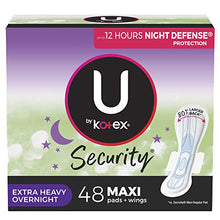 Load image into Gallery viewer, U by Kotex Security Maxi Feminine Pads with Wings, Extra Heavy Overnight Absorbency, Unscented, 48 Count (2 Packs of 24) (Packaging May Vary)
