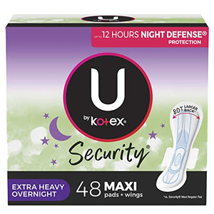 U by Kotex Security Maxi Feminine Pads with Wings, Extra Heavy Overnight Absorbency, Unscented, 48 Count (2 Packs of 24) (Packaging May Vary)