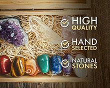 Load image into Gallery viewer, Crystalya Premium Grade Crystals and Healing Stones in Wooden Display Box - 7 Tumbled Chakra Gemstones, Amethyst Crystal, Rose Quartz, Quartz Crystal Point + Guide &amp; Instructions - Gift Kit

