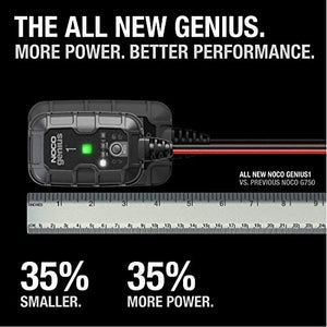 NOCO GENIUS1, 1-Amp Fully-Automatic Smart Charger, 6V and 12V Portable Battery Charger, Battery Maintainer, Trickle Charger, and Battery Desulfator with Temperature Compensation