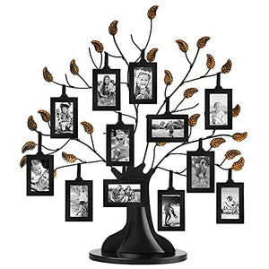 Americanflat Bronze Family Tree with 12 Hanging Picture Frames 2" x 3" in Black and Adjustable Ribbon Tassels - 22"
